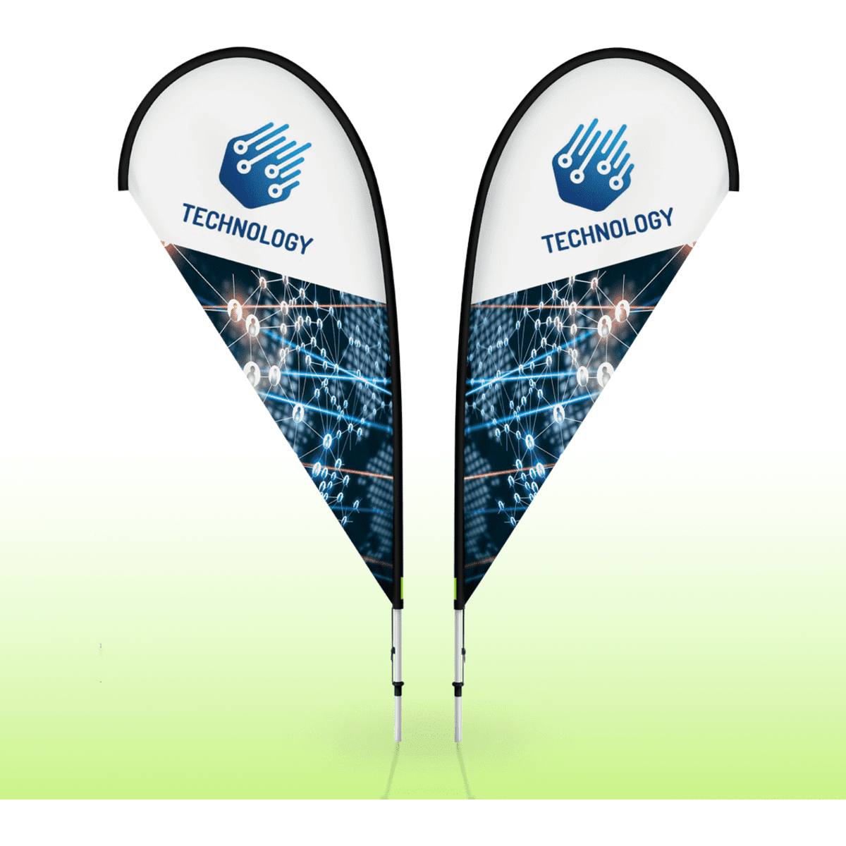 A double-sided teardrop banner with a white and blue design featuring a technology theme. It has a logo and is mounted on a pole.