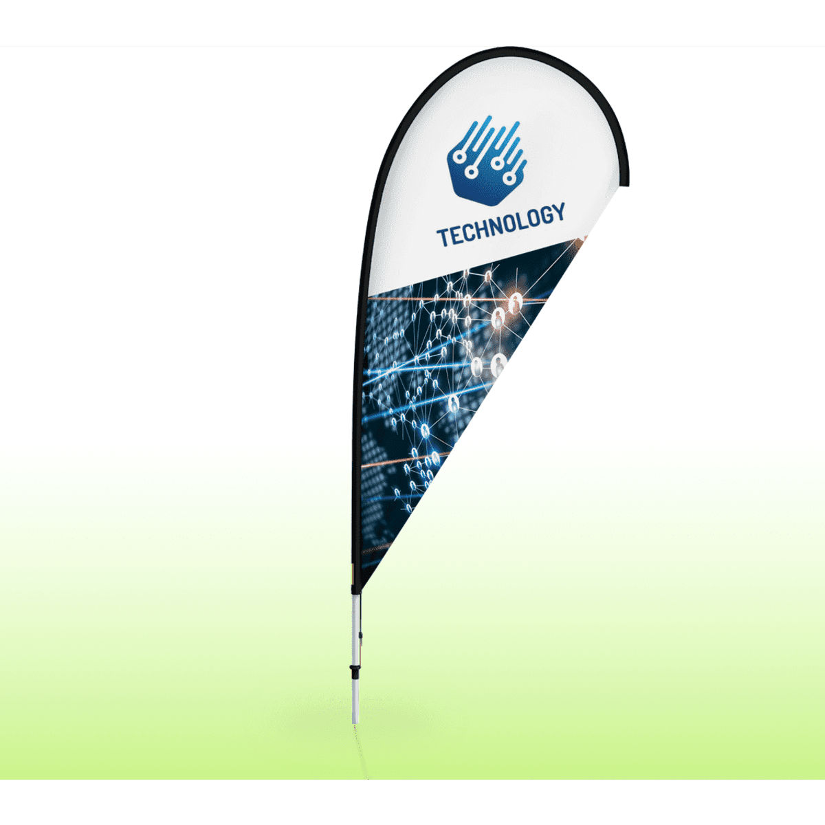 A teardrop banner featuring a black and white design with a technology-themed graphic and a logo at the top.