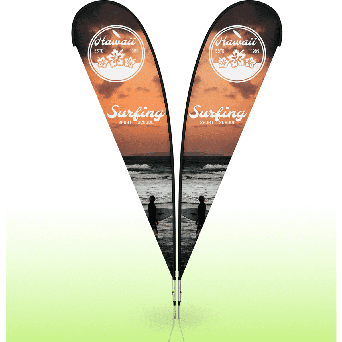 Large double-sided teardrop banners featuring a vibrant sunset background and a surfing theme. Includes a logo.