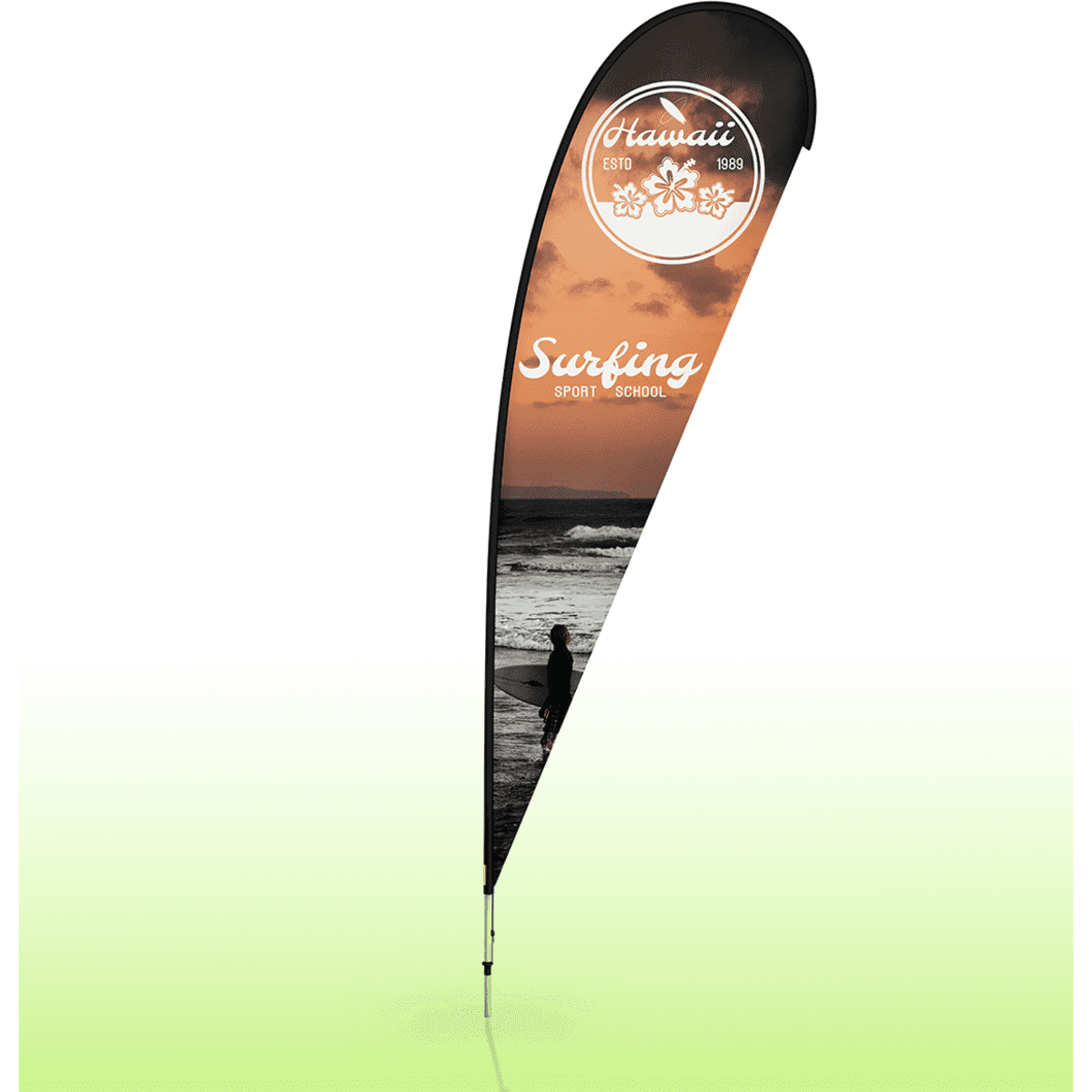 A large black teardrop banner featuring a surfing scene, with an image of a surfer and a logo.