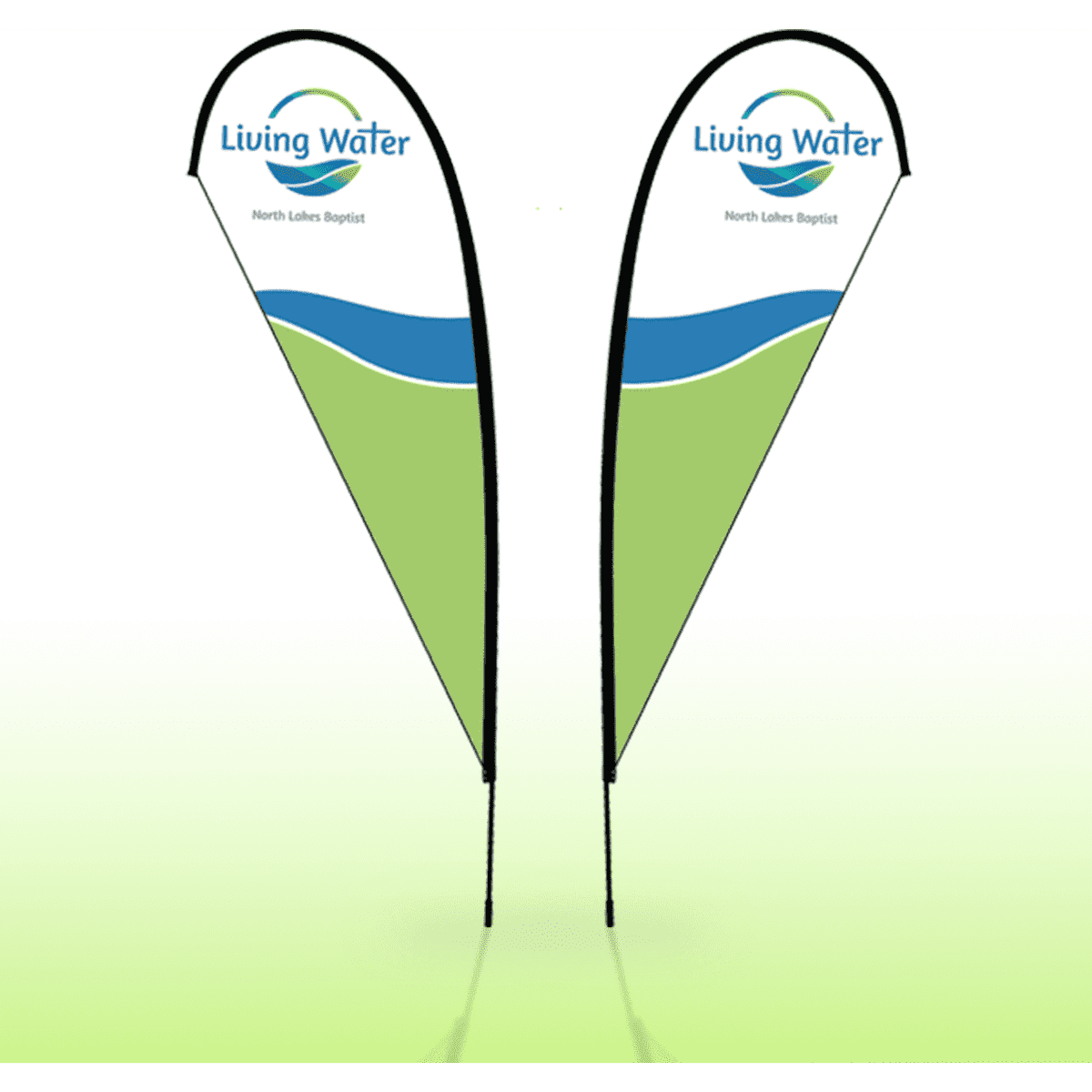 Medium double-sided teardrop banners featuring green and blue design with a logo at the top.