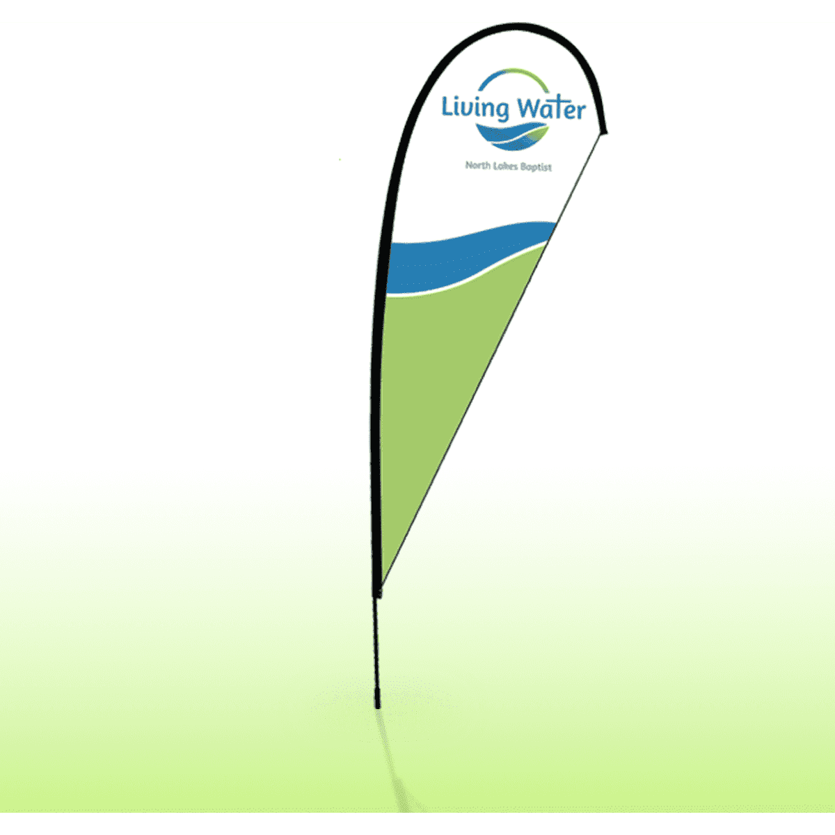 A teardrop banner featuring a green and blue design, with a logo on the top. It stands upright on a black pole.