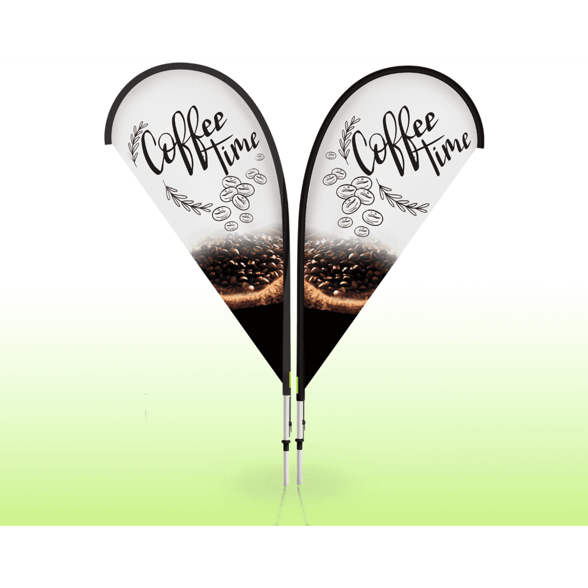 Two teardrop banners with a coffee theme, featuring a design with coffee beans, black and white colours, and poles.