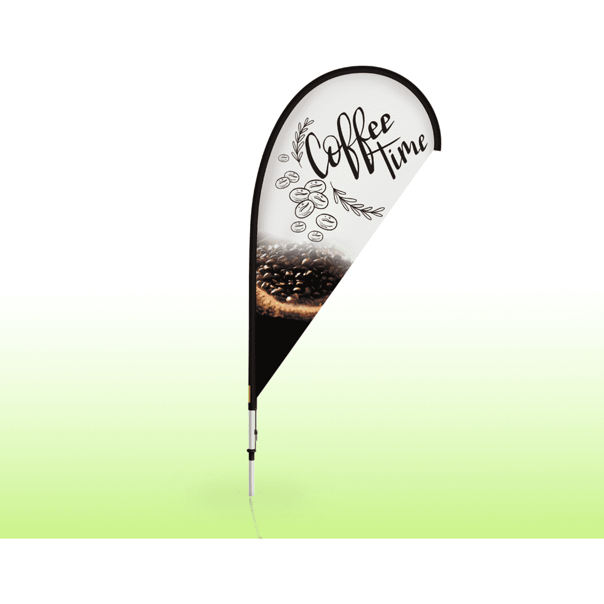 A teardrop banner featuring a coffee theme with dark coffee beans and a black and white design. It has a logo at the base.