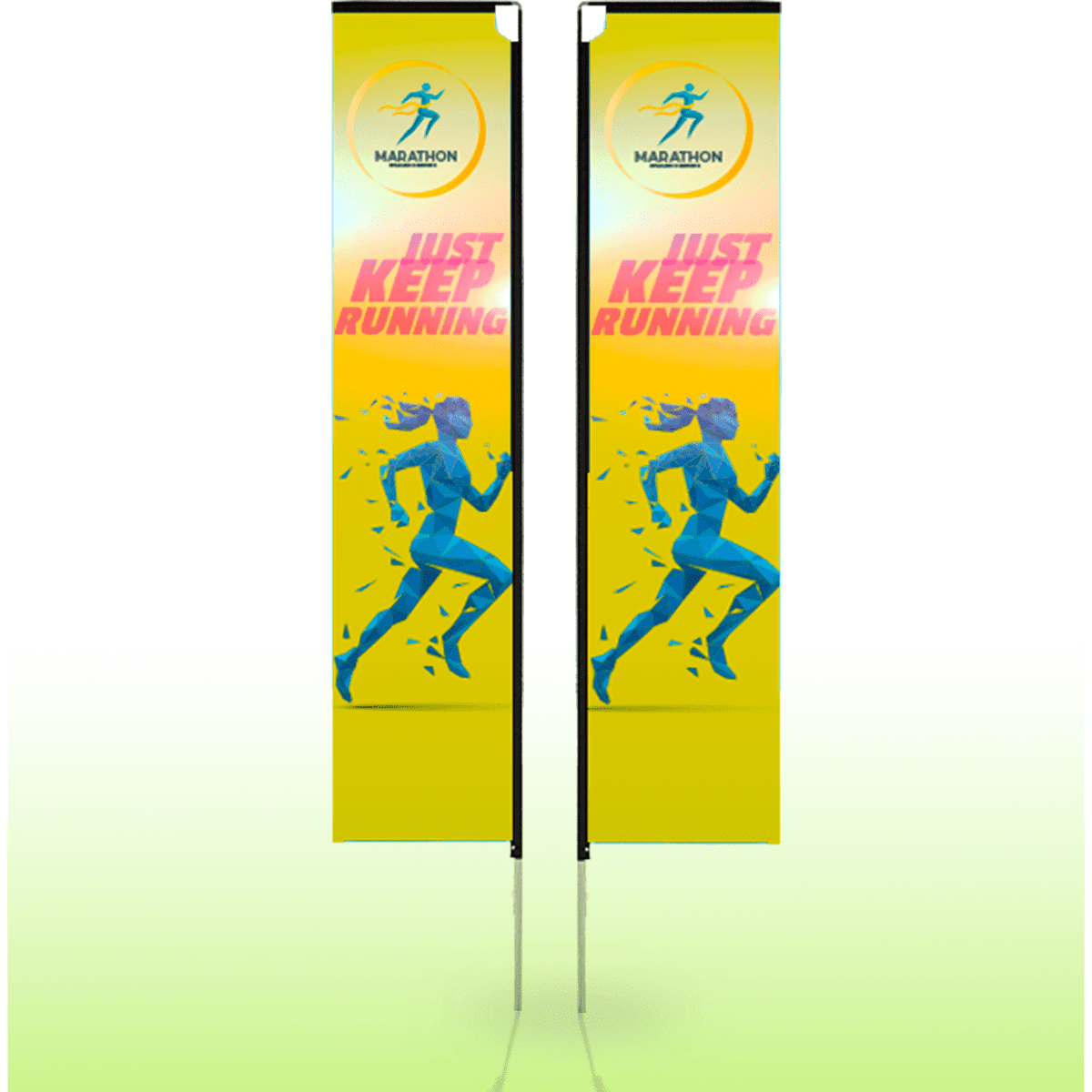 Large double-sided vertical banner featuring a bright yellow background, athletic design, and a logo at the top.