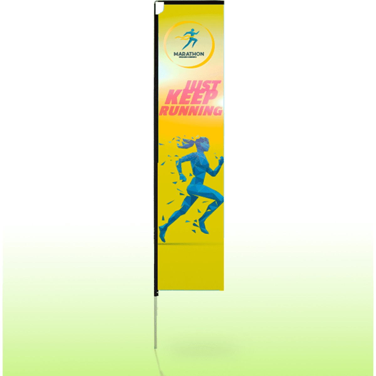 A tall, vertical banner in yellow and blue featuring a running figure and a logo at the top.