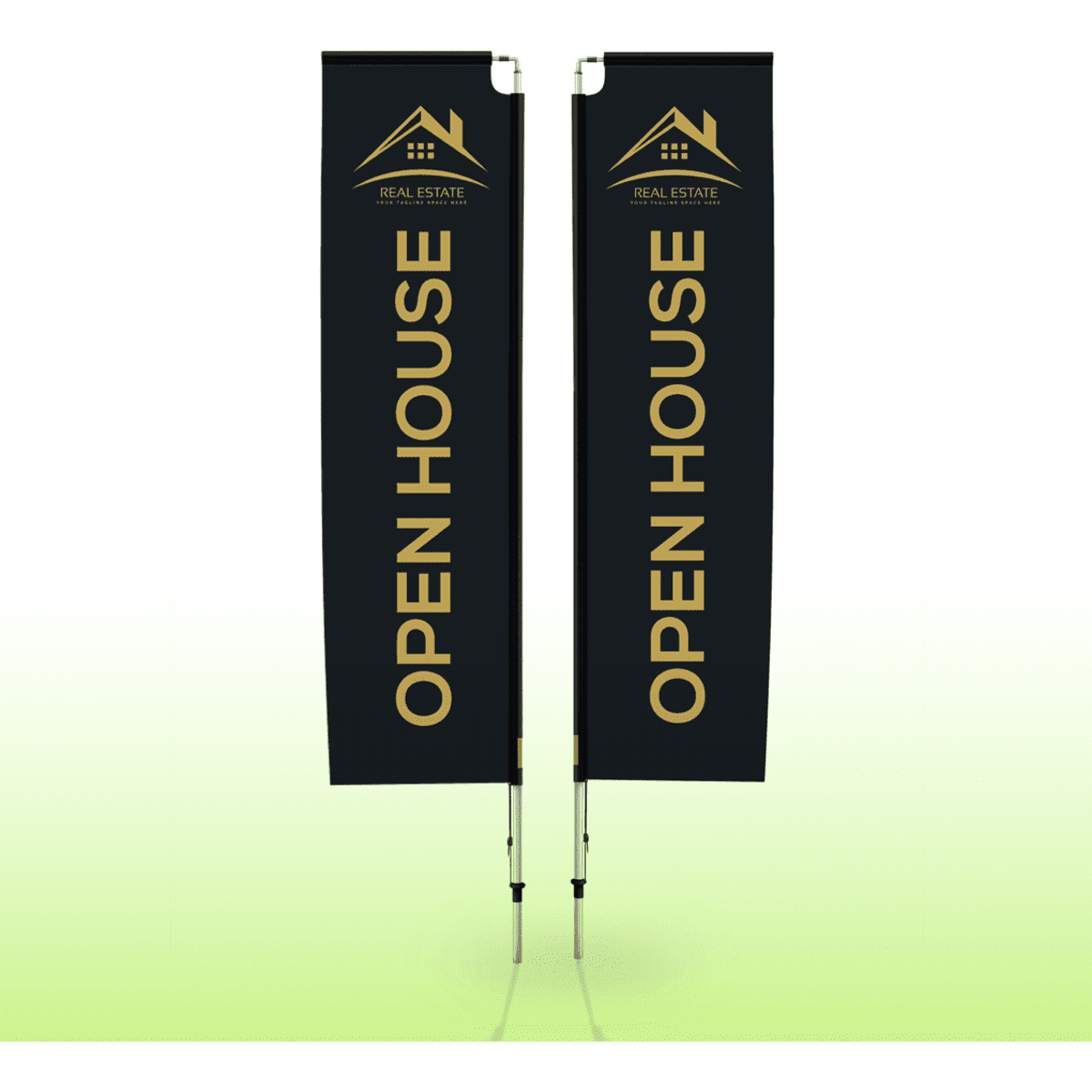 Double-sided vertical banners in black with gold text, featuring a logo at the top.