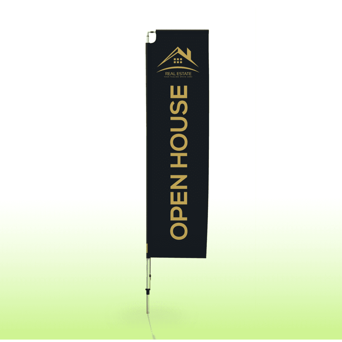 A medium single-sided vertical banner featuring a black background with gold text and a logo at the top.