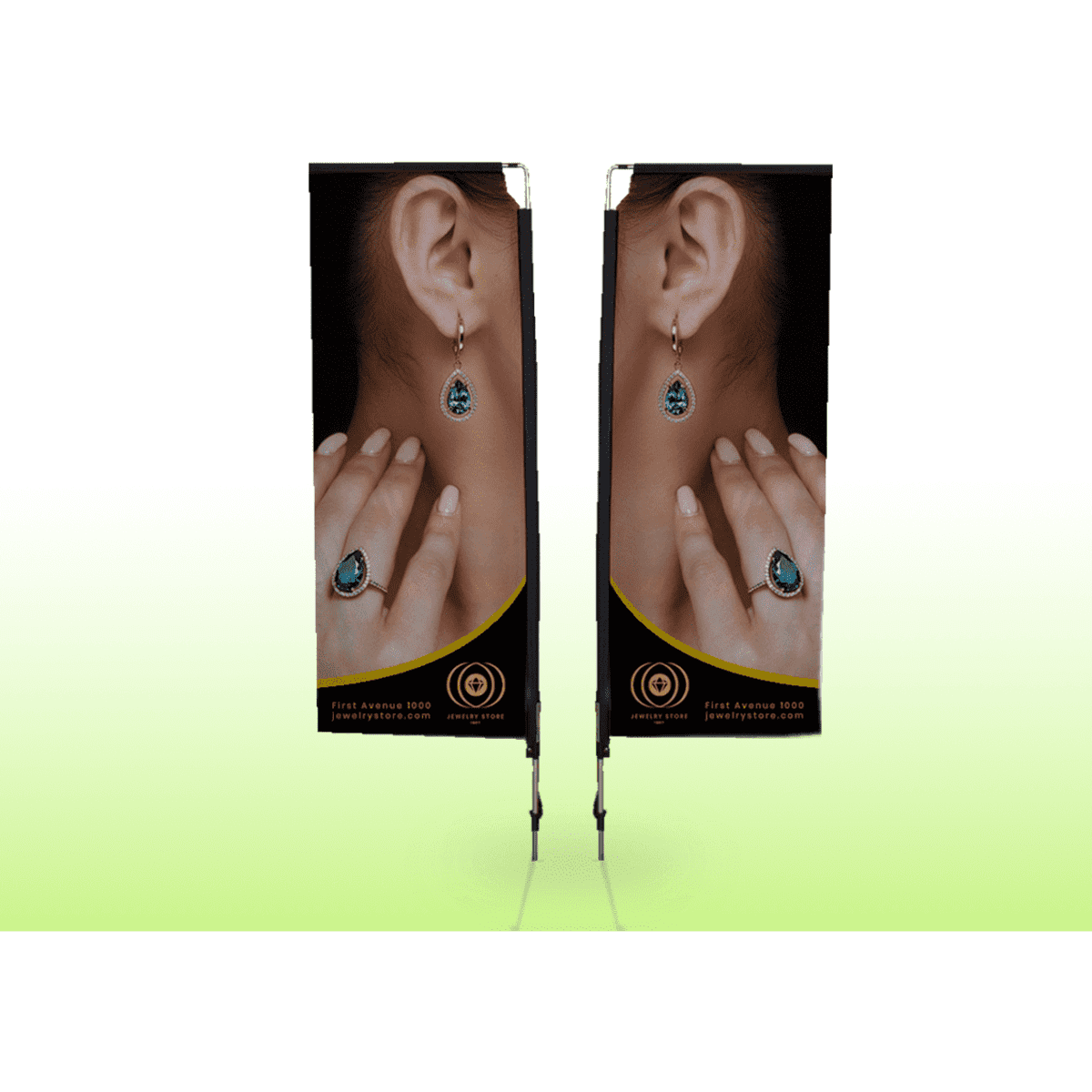 Two small double-sided feather flags featuring a model with earrings and rings, set against a black background.