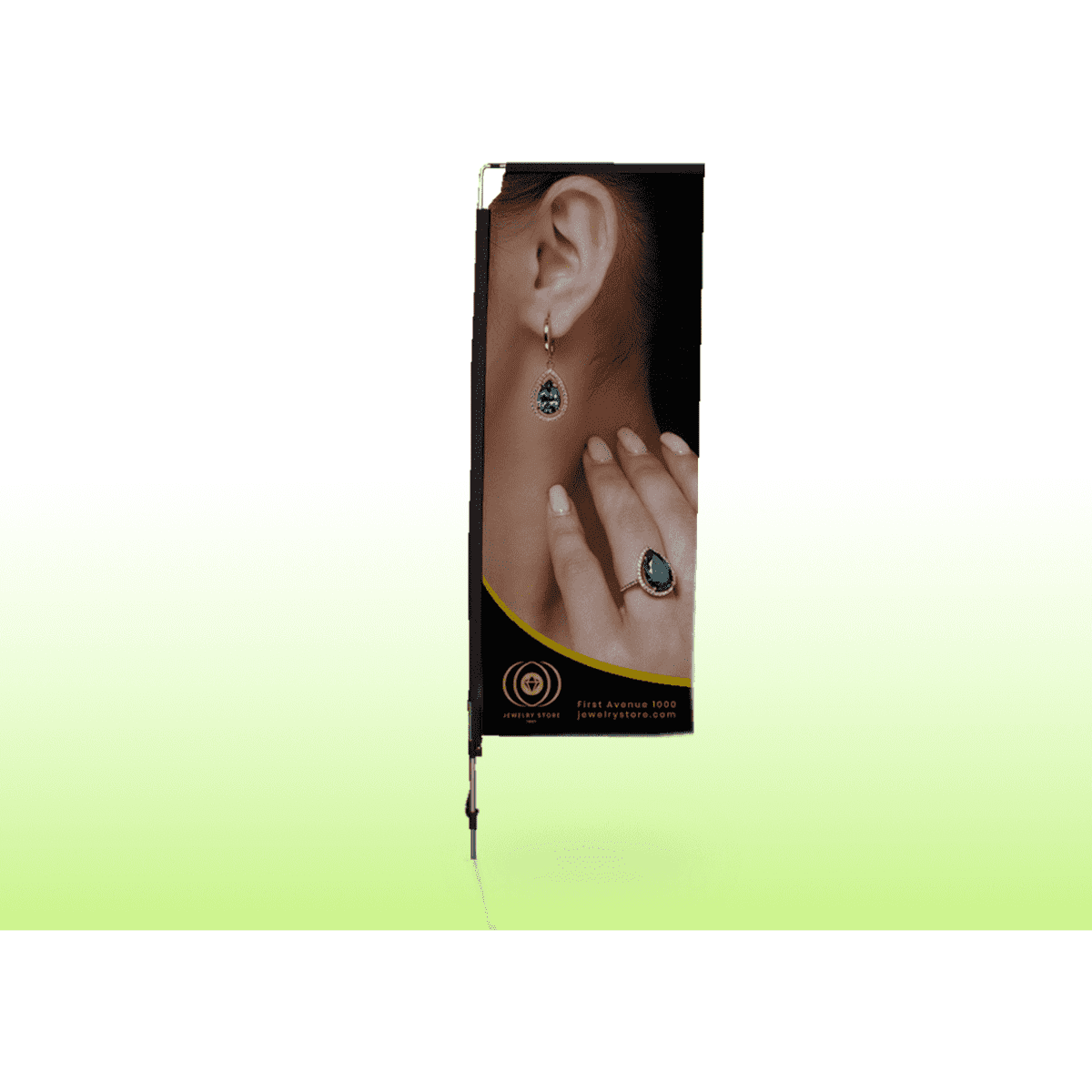 A vertical banner featuring a model wearing earrings and a ring, with a black background and a logo. The banner is predominantly black.
