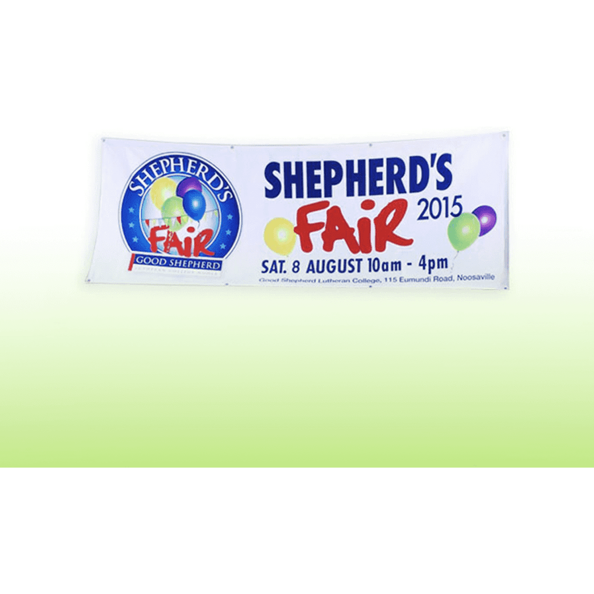 A polyester hanging banner featuring vibrant colours, with balloons and a logo on one side.