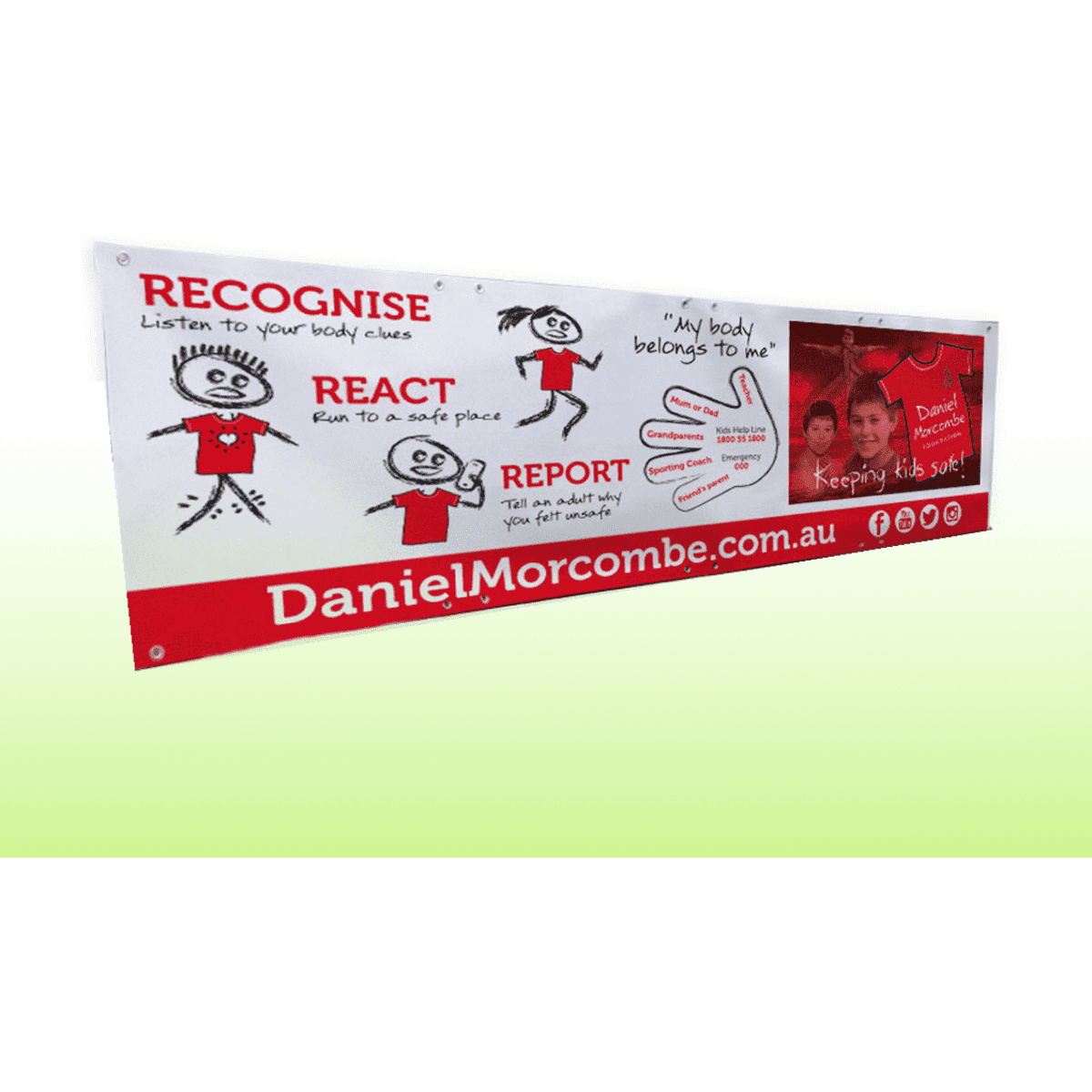 A double-sided vinyl banner featuring colourful graphics and a logo, predominantly red and white in design.
