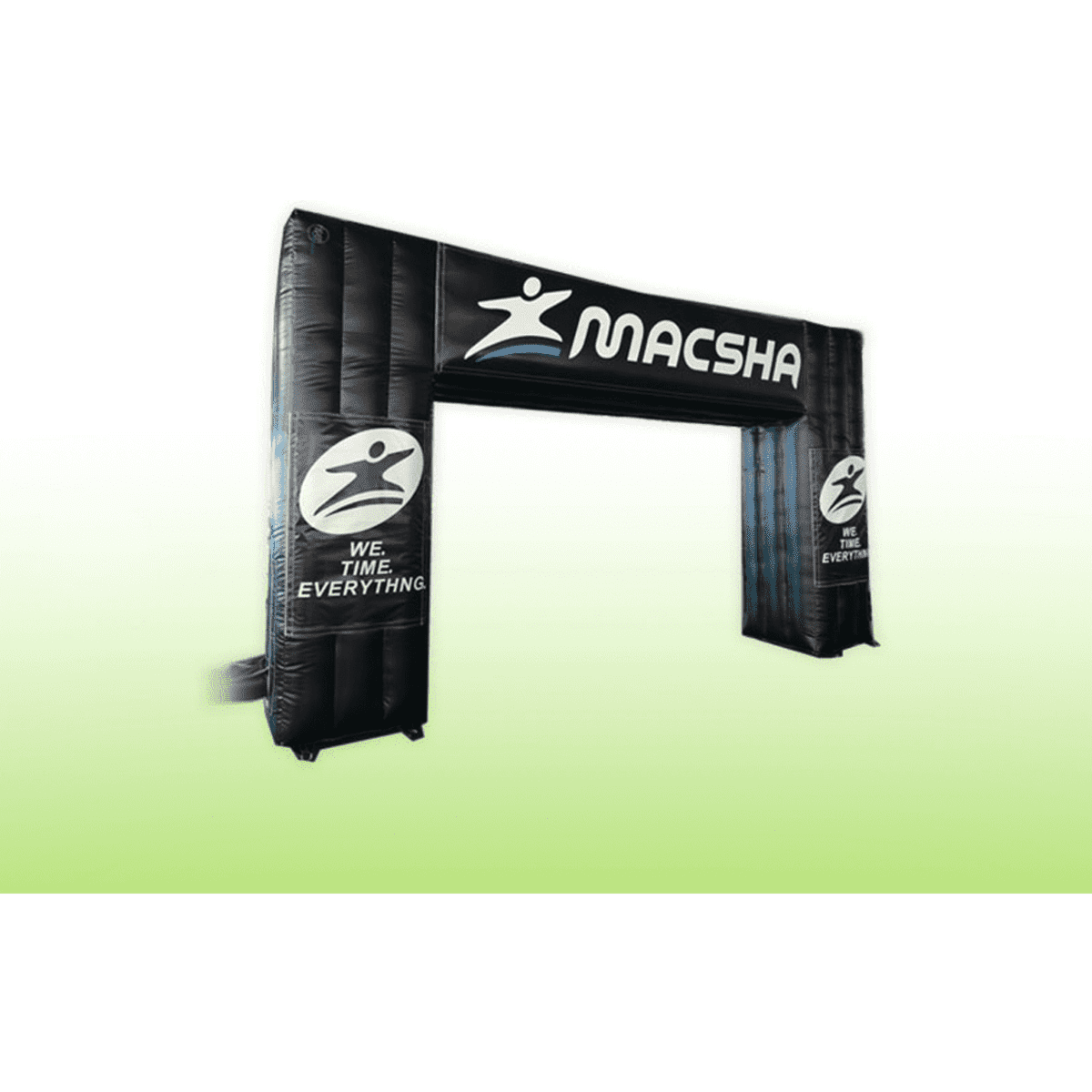 An inflatable arch in black with a logo, designed for start-finish lines.