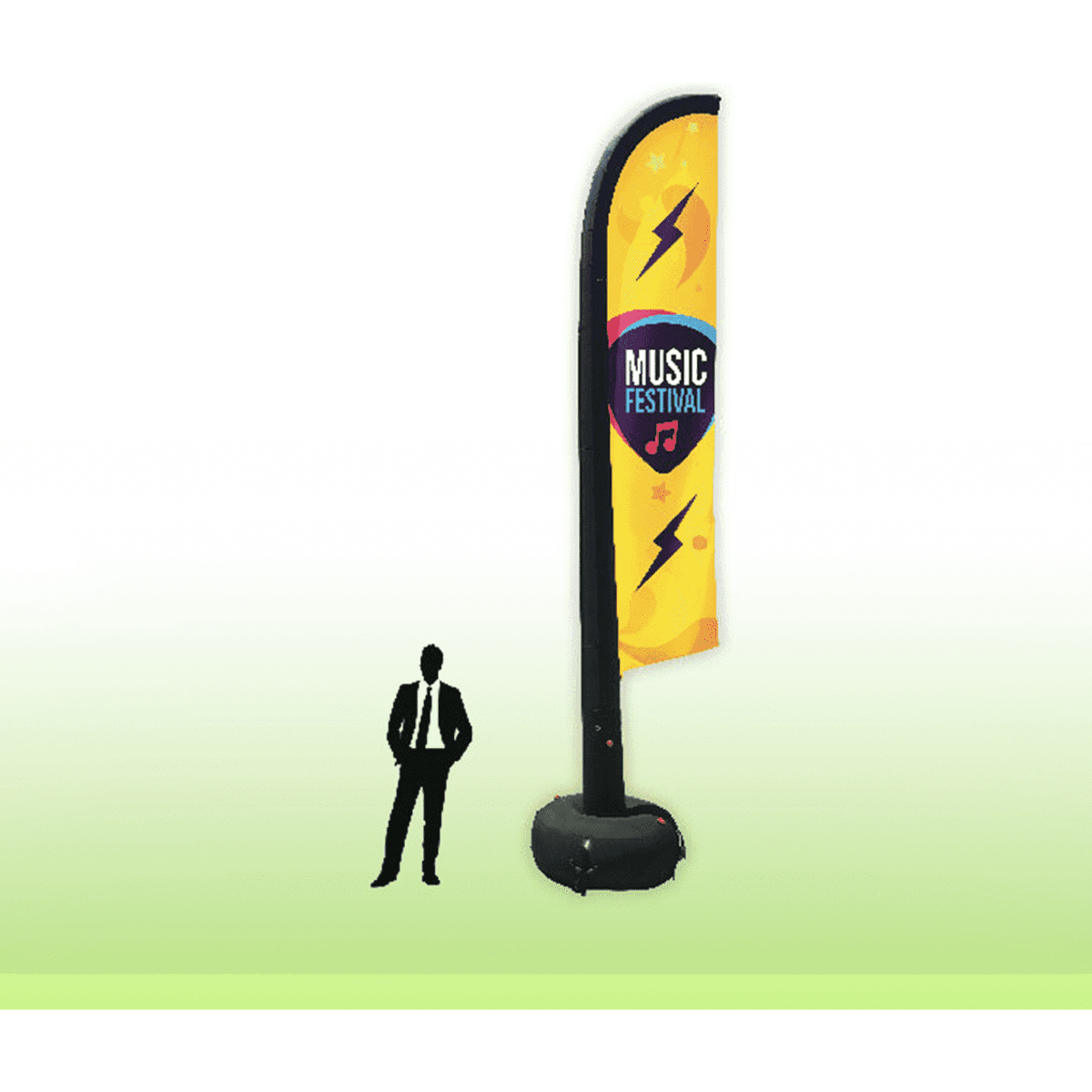 An inflatable giant flag banner with a vibrant yellow background and a music festival design, featuring a logo and silhouette of a person.