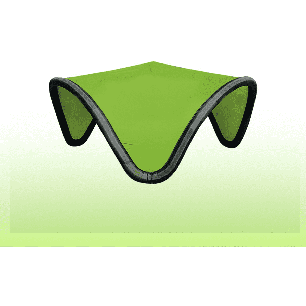 An inflatable air tent in bright green with black support edges, featuring a modern, curved design.
