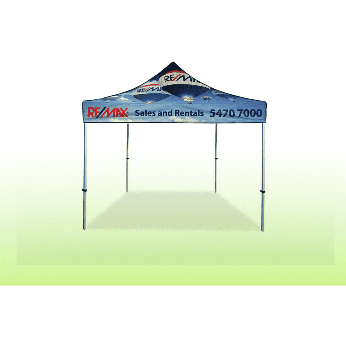 A blue heavy-duty gazebo with a printed top and a visible logo, featuring a four-post structure.