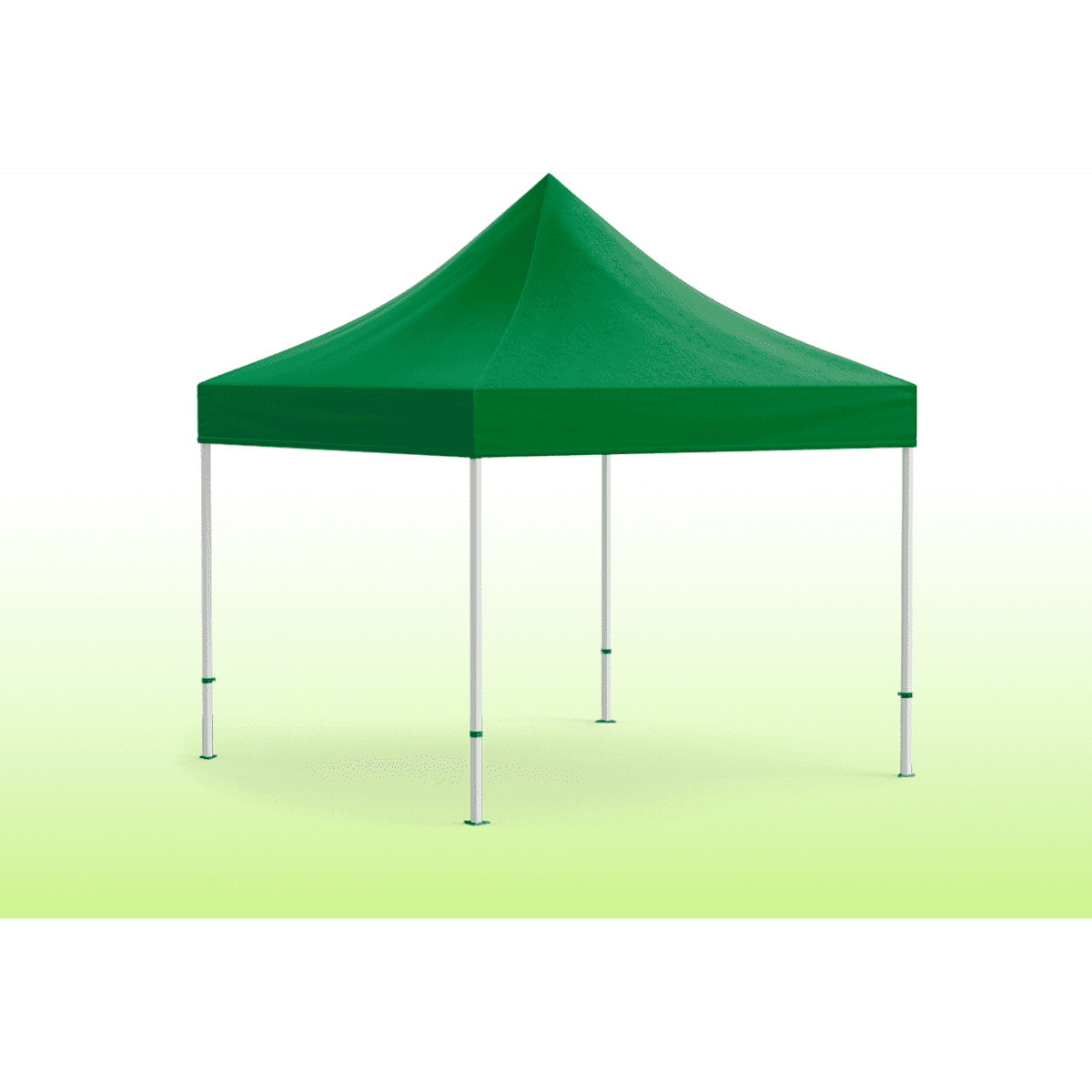 A green heavy-duty gazebo with a peak roof and silver legs, set against a gradient background.