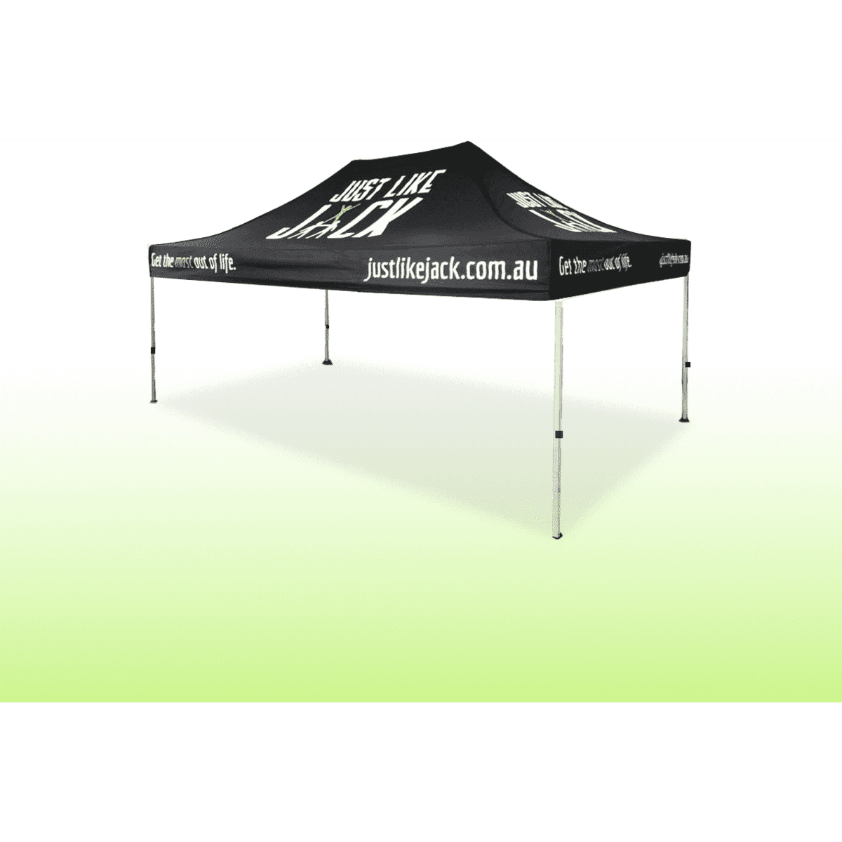 A black printed gazebo with white branding, featuring a sturdy frame and a peaked top.