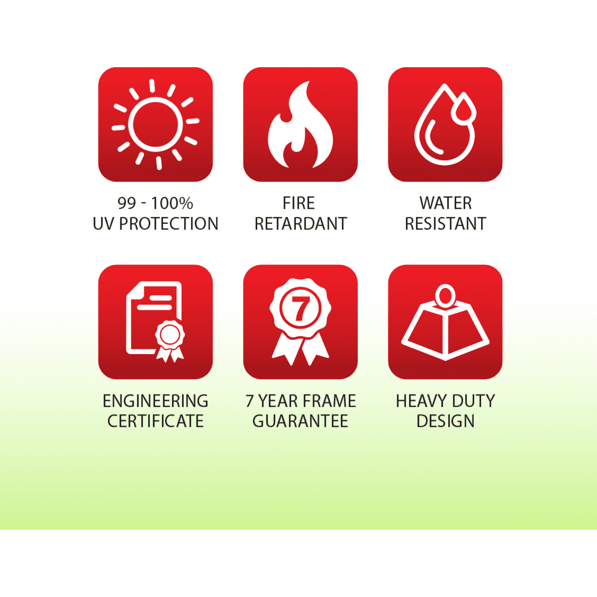 A set of six red icons, showcasing features like UV protection, fire retardant, water resistant, and a heavy-duty design.