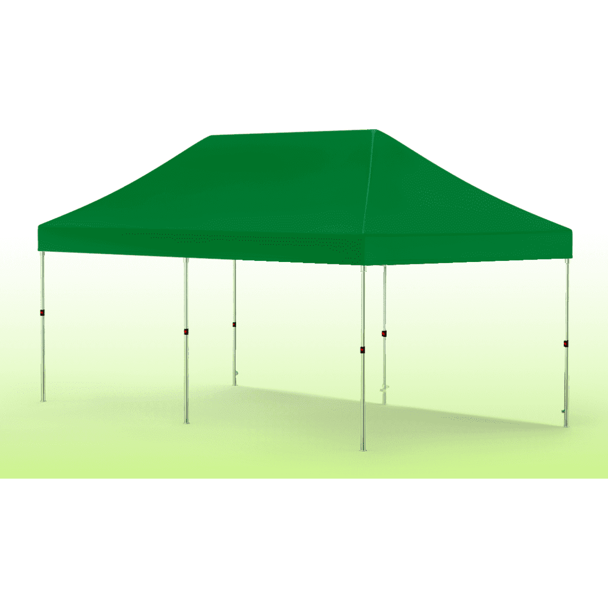 A green heavy-duty gazebo tent with a peaked roof and adjustable legs, set against a light background.
