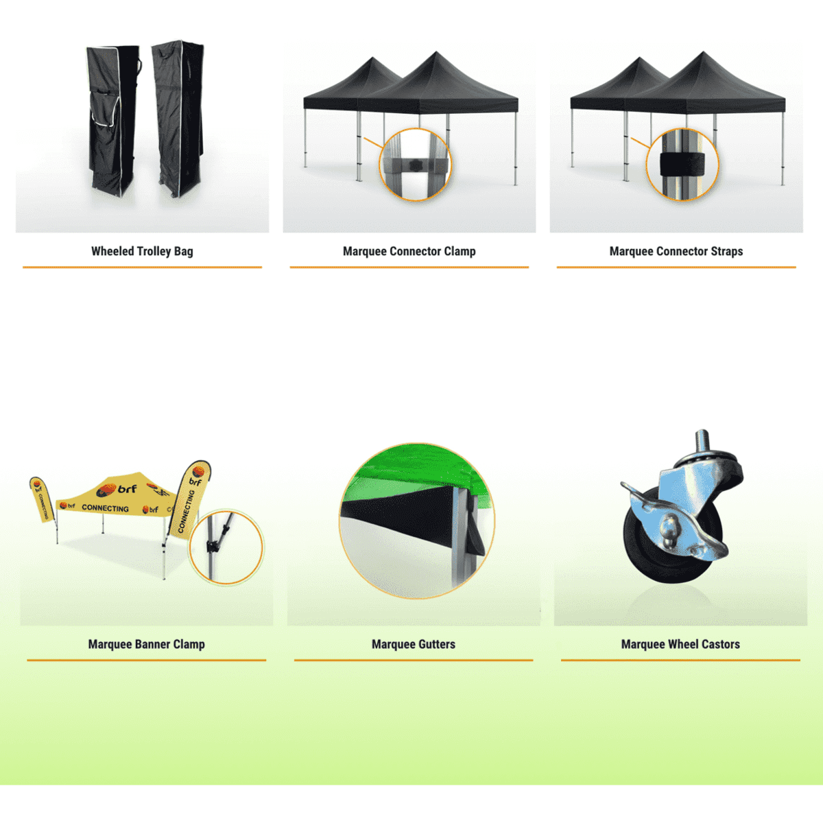 Black wheeled trolley bag, black marquees with clamps, straps, banner clamp, gutters, and wheel castors.