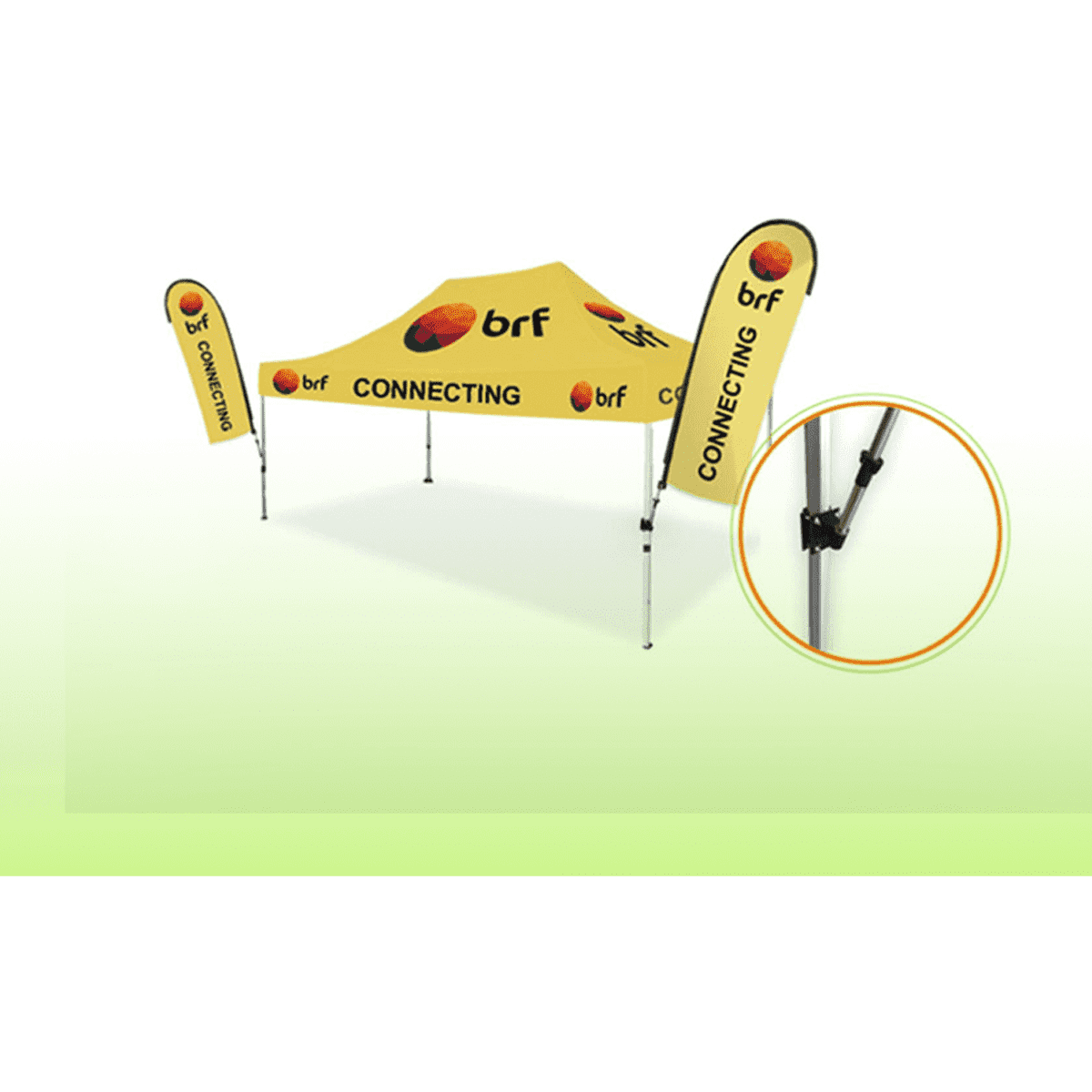A yellow marquee with a branded canopy and flying banners, featuring a close-up of a clamp bracket accessory.