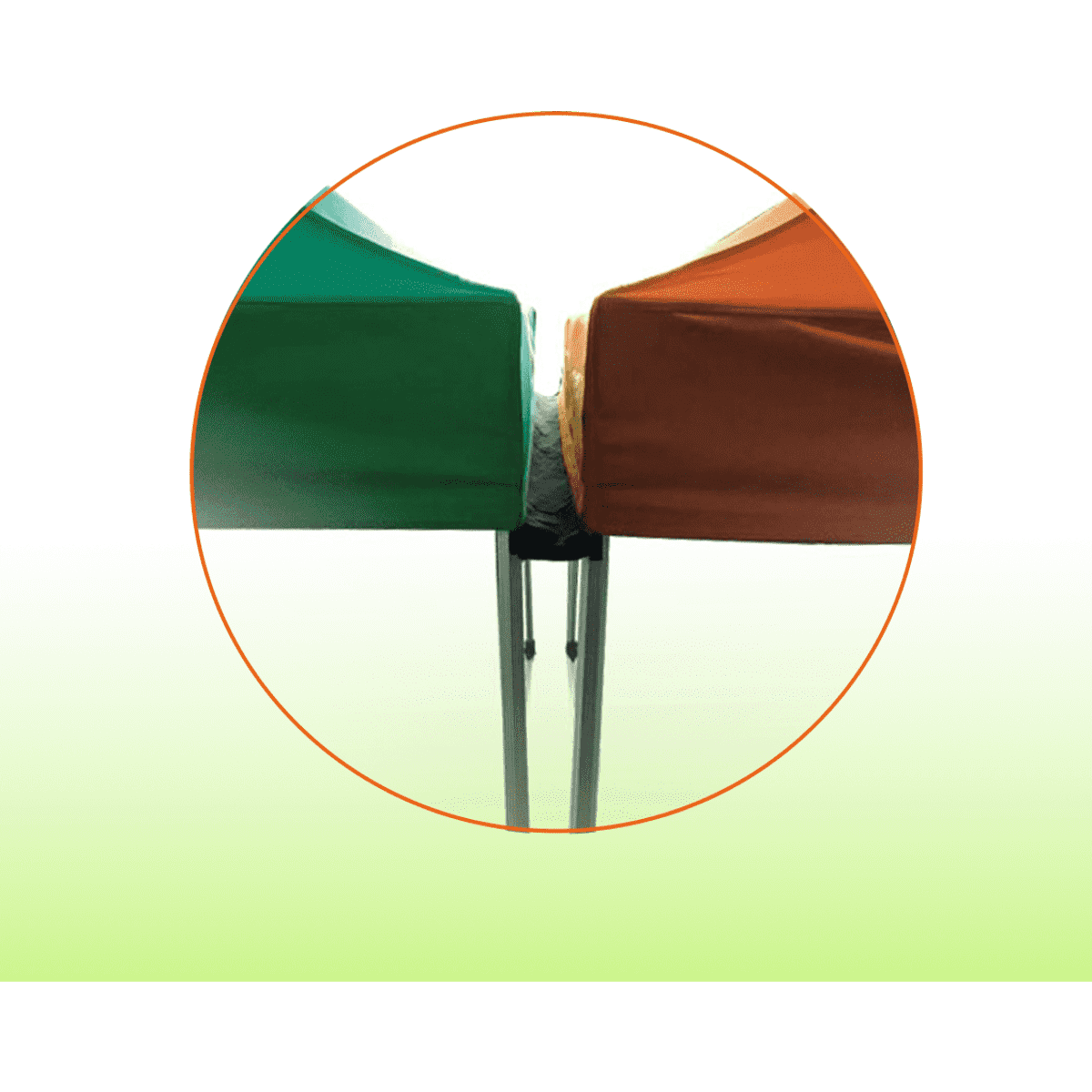 A close-up of a gazebo marquee gutter kit, featuring green and orange canopies joined at the edges.