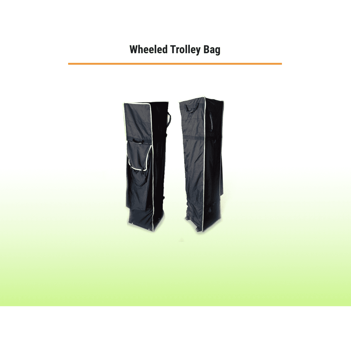 A black wheeled trolley bag featuring side pockets and a simple design, with white detailing and a logo.