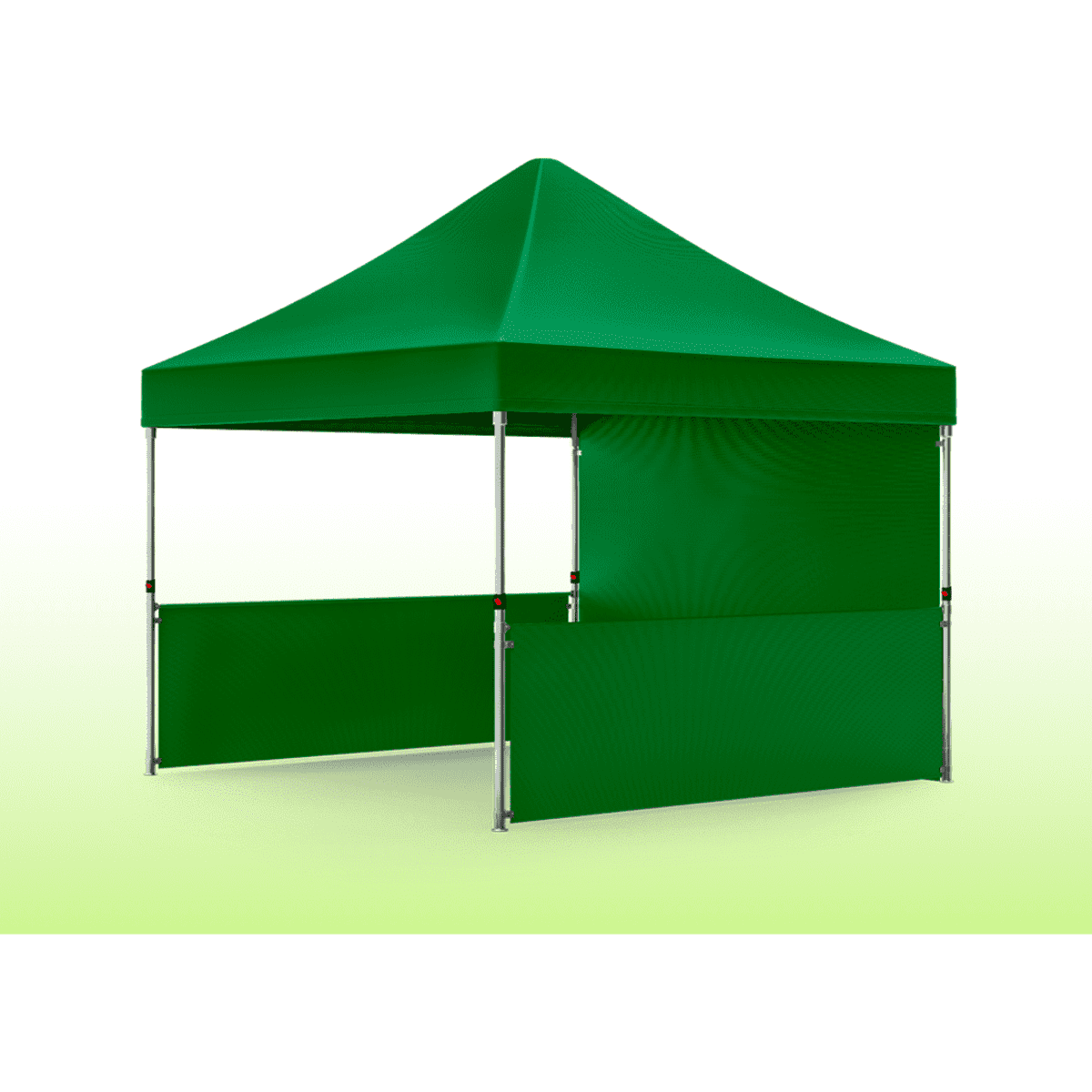 A green marquee gazebo with a peaked roof and side walls, featuring metallic frame supports.