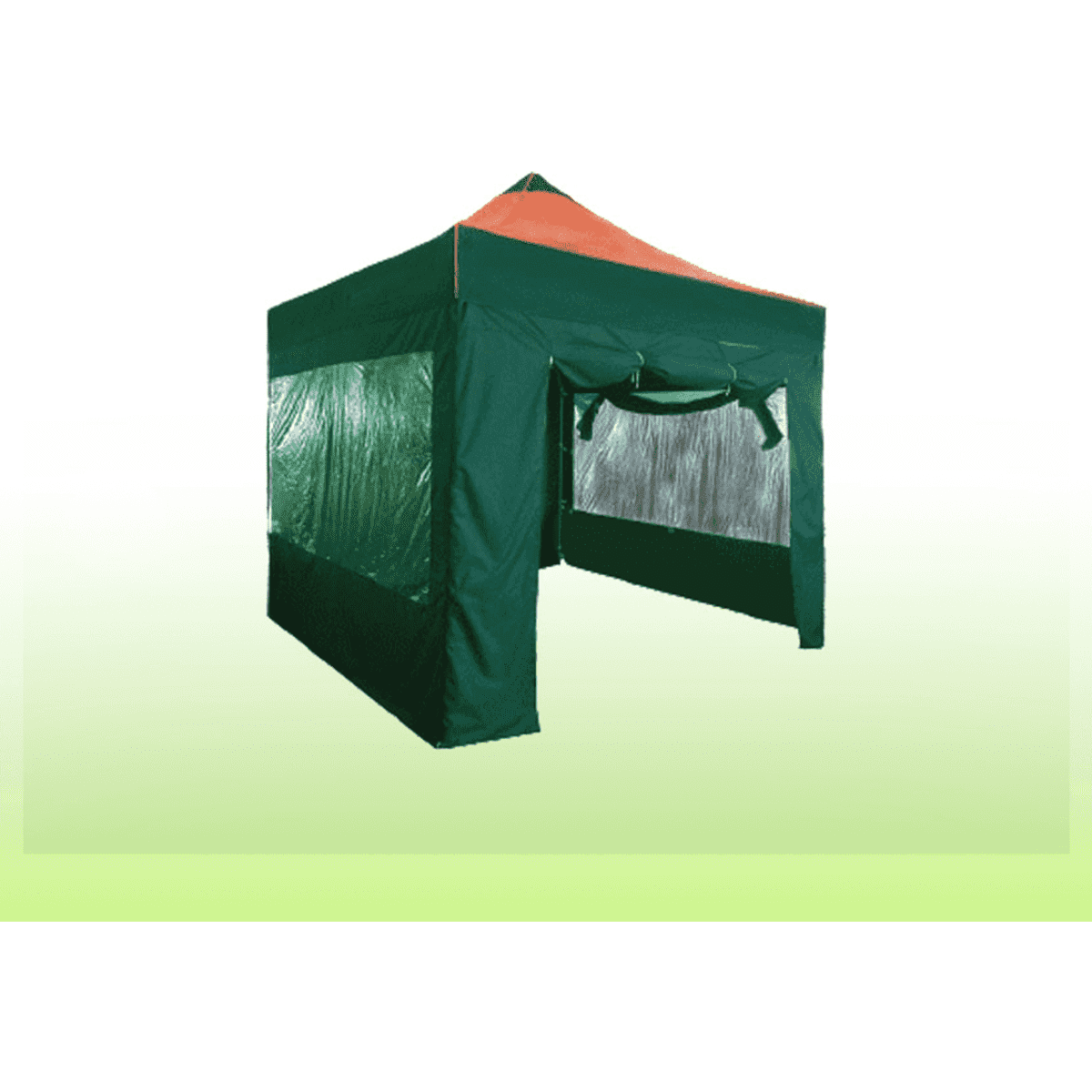 A green and orange gazebo with mesh windows and a peaked roof. Features branding on the fabric.