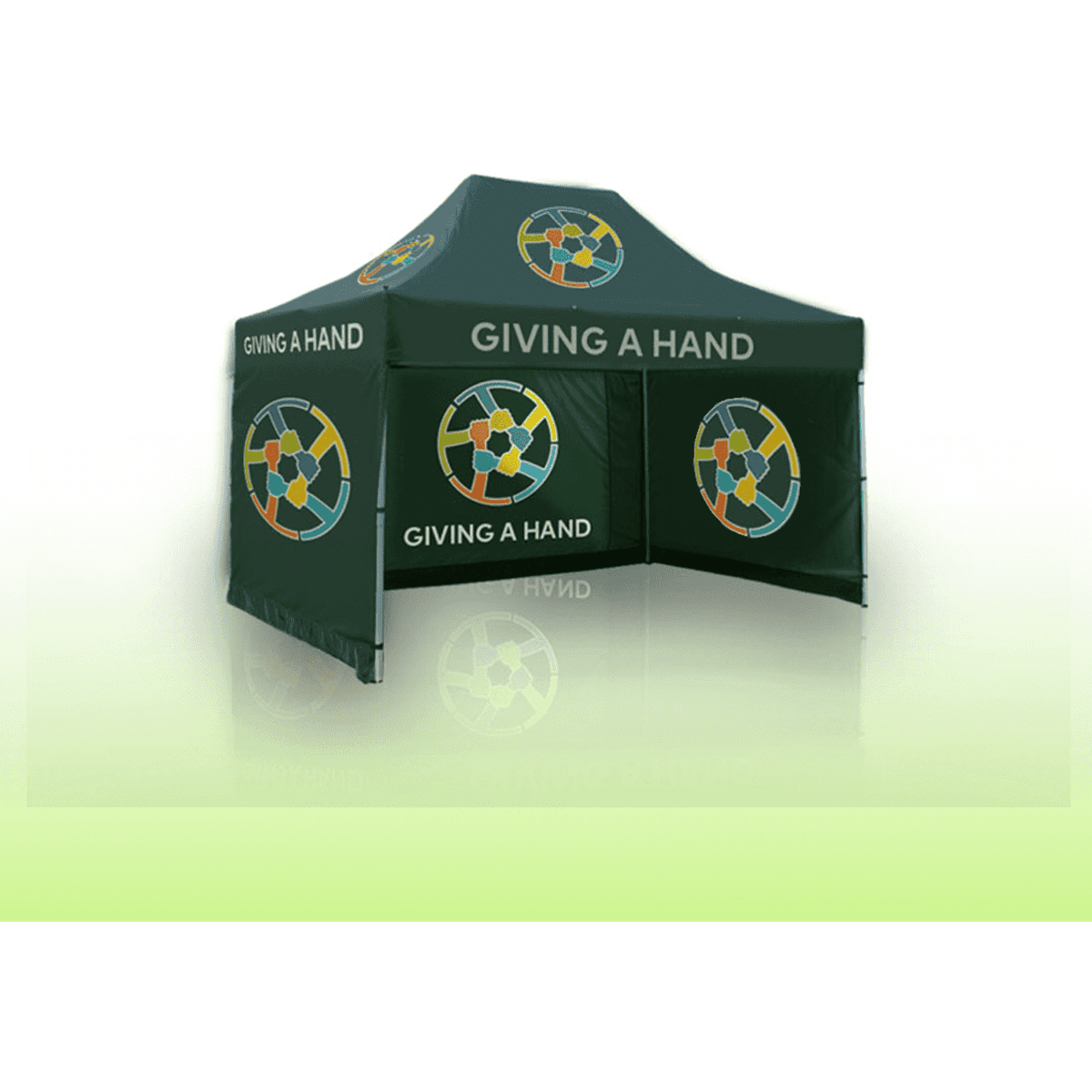 A green gazebo marquee with double-sided printing and logos, featuring the phrase "Giving a Hand."