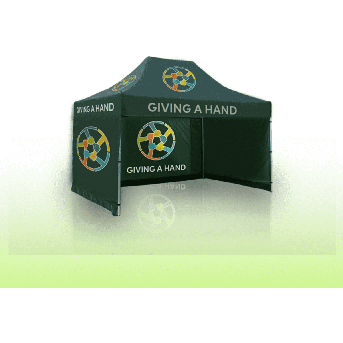 A green gazebo marquee featuring a printed design with a logo and text "GIVING A HAND" on the roof and walls.