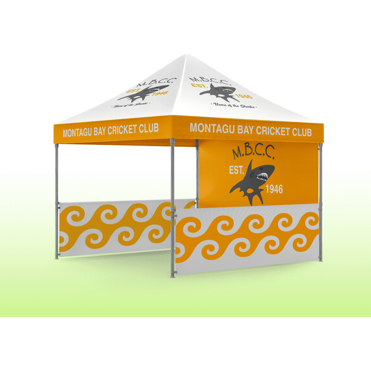 A double-sided printed gazebo with orange and white design, featuring the Montagu Bay Cricket Club branding.