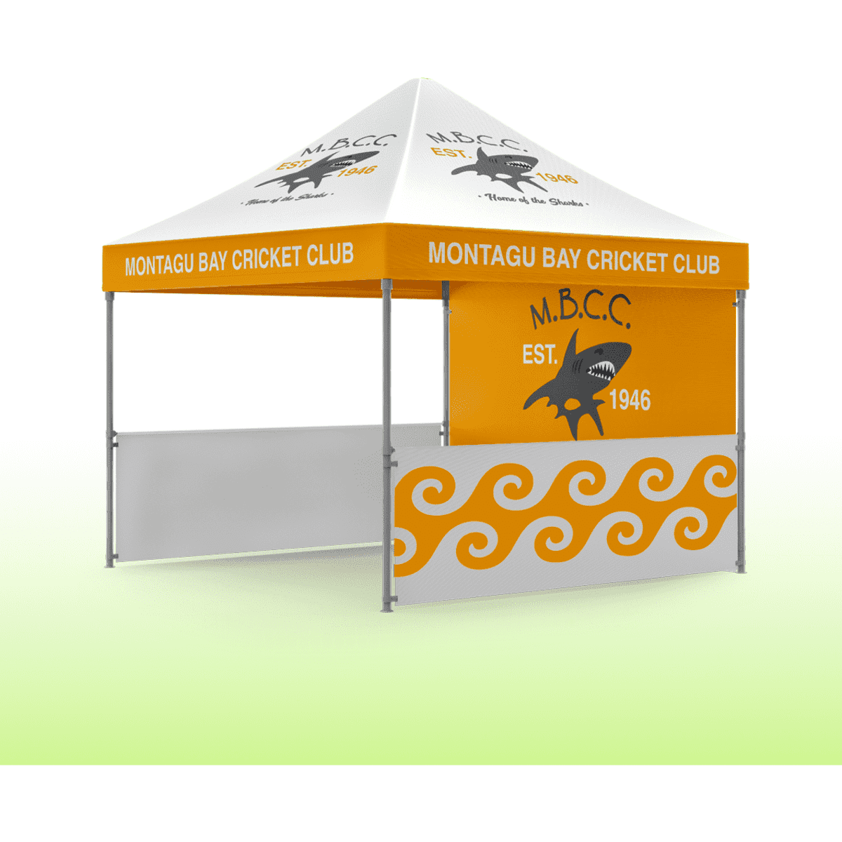 A gazebo with a triangular roof in white and orange, featuring the Montagu Bay Cricket Club logo and design elements.
