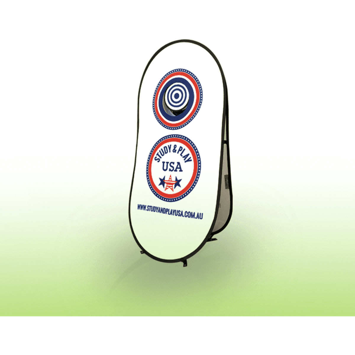 A large branded A-frame goal banner featuring a circular target design in red, blue, and white.