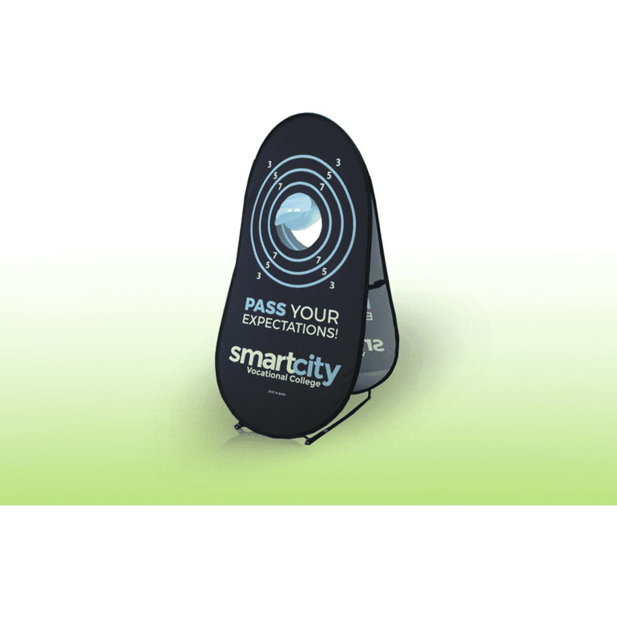 A medium ball target A-frame banner in black with a branded logo, featuring a circular design and text.