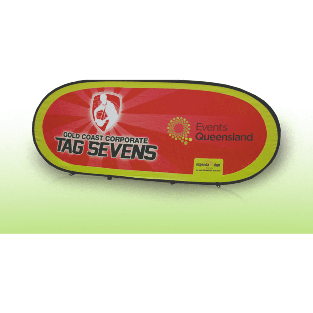 A large horizontal pop-up banner featuring yellow and red colours, with a logo and promotional graphics.