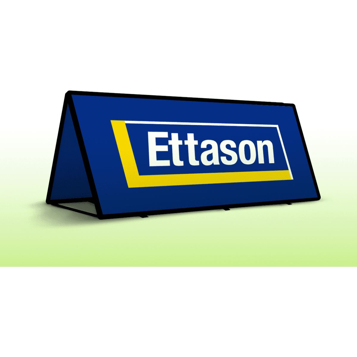 A large rectangular A-frame banner with a blue background and a branding logo.