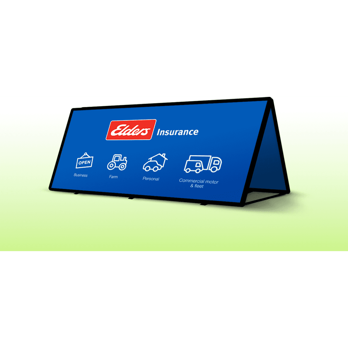 A medium rectangular A-frame banner in blue with a logo and various icons related to insurance services.