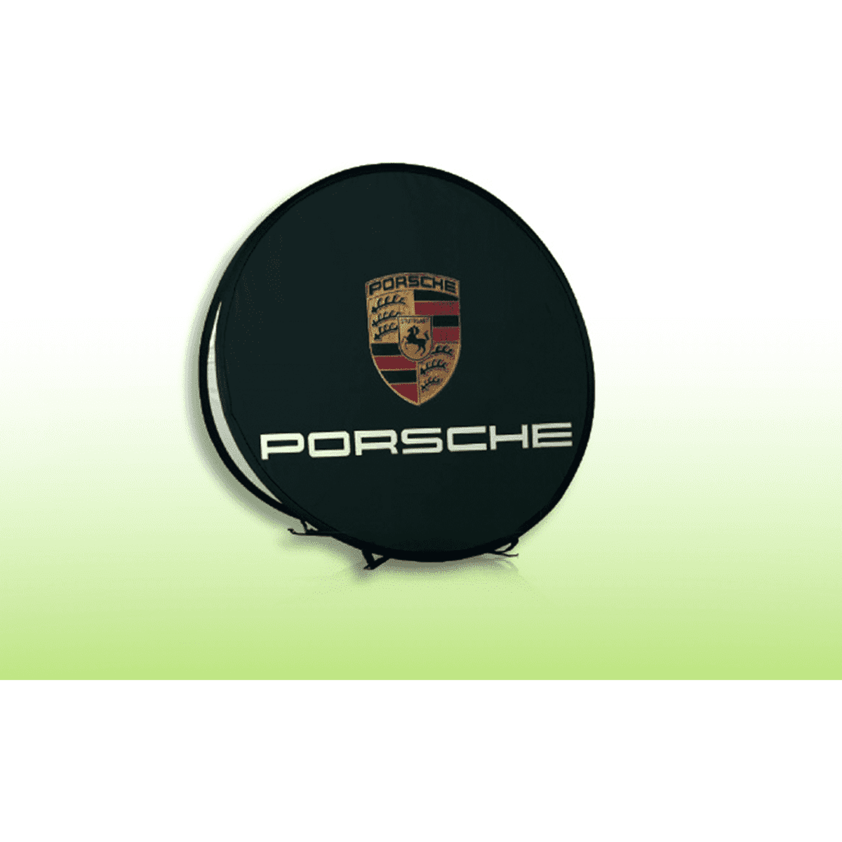 A medium round black pop-up banner featuring a logo and branding at the centre.