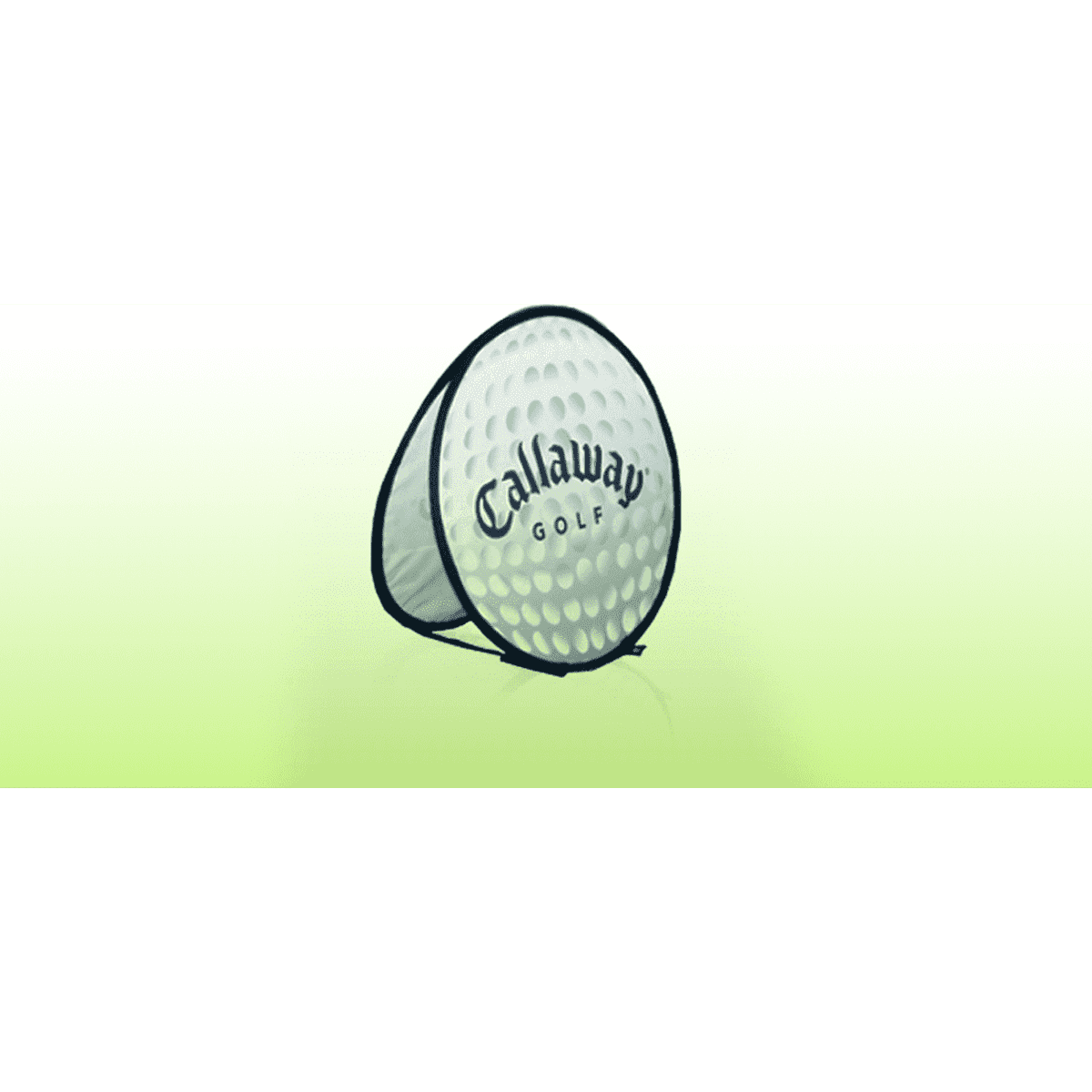 A small round A-frame banner with a golf ball design in white, featuring a logo. The background gradient is light green.