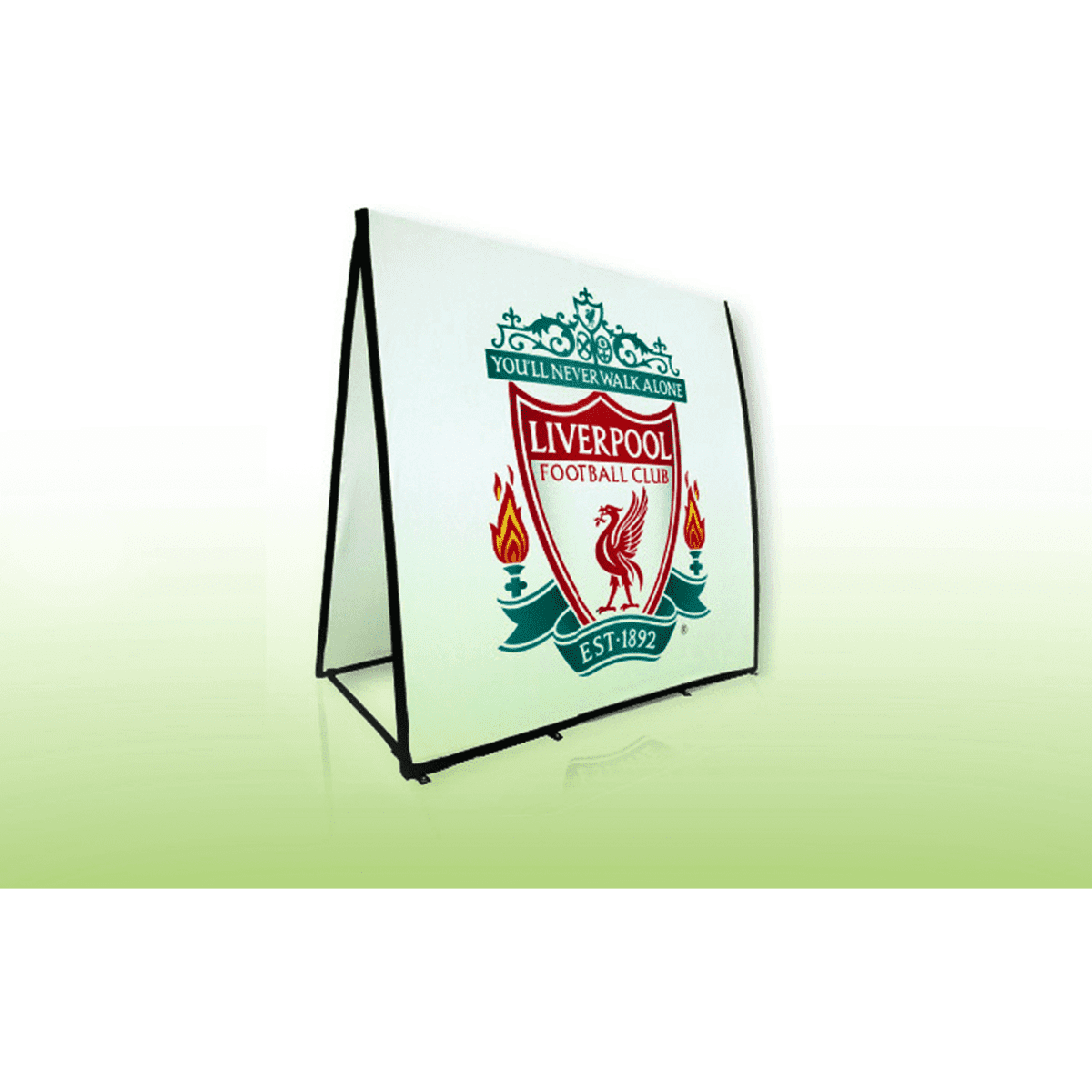 A large square A-frame banner featuring a logo with red and green details, displayed in a white frame.