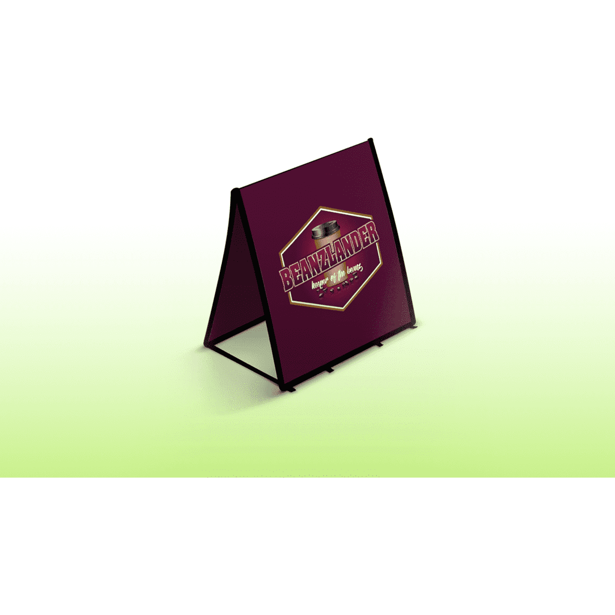 A small square A-frame banner in burgundy featuring a logo. The frame is black with a lightweight design.