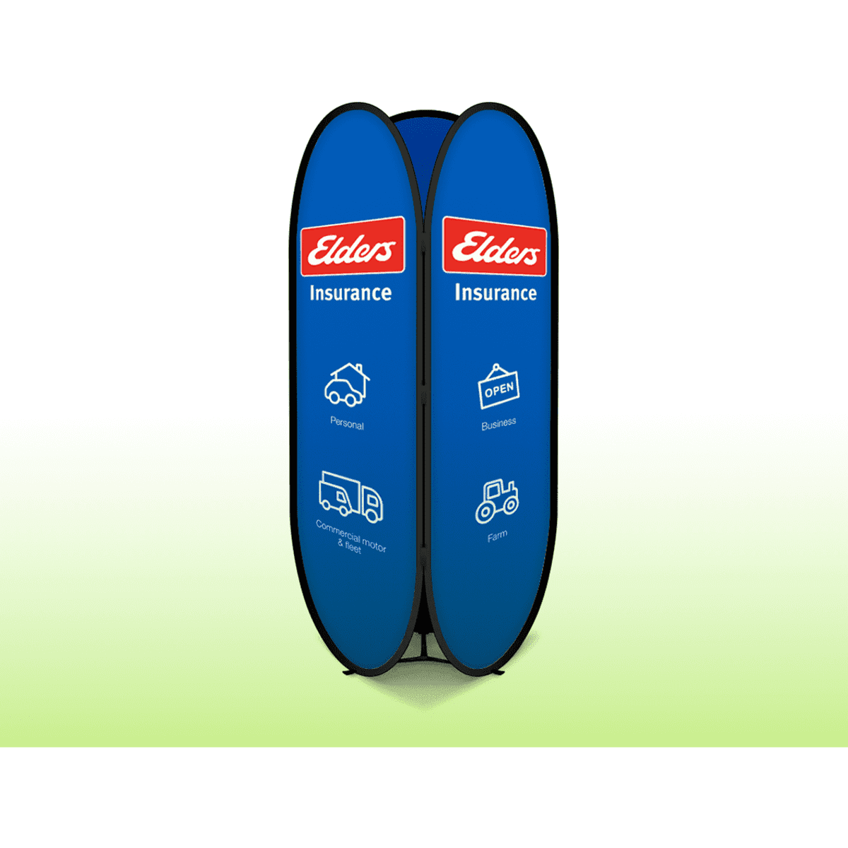A blue A-frame pop-up banner featuring the Elders Insurance logo and icons representing personal, business, and farm services.