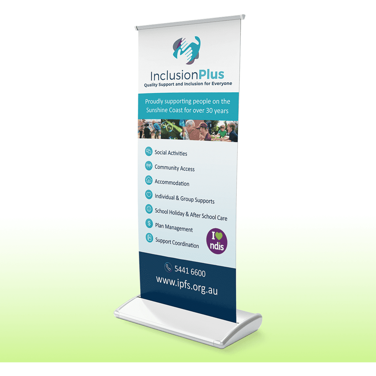 A pull-up banner featuring a white and blue design with a premium base, displaying various service offerings.
