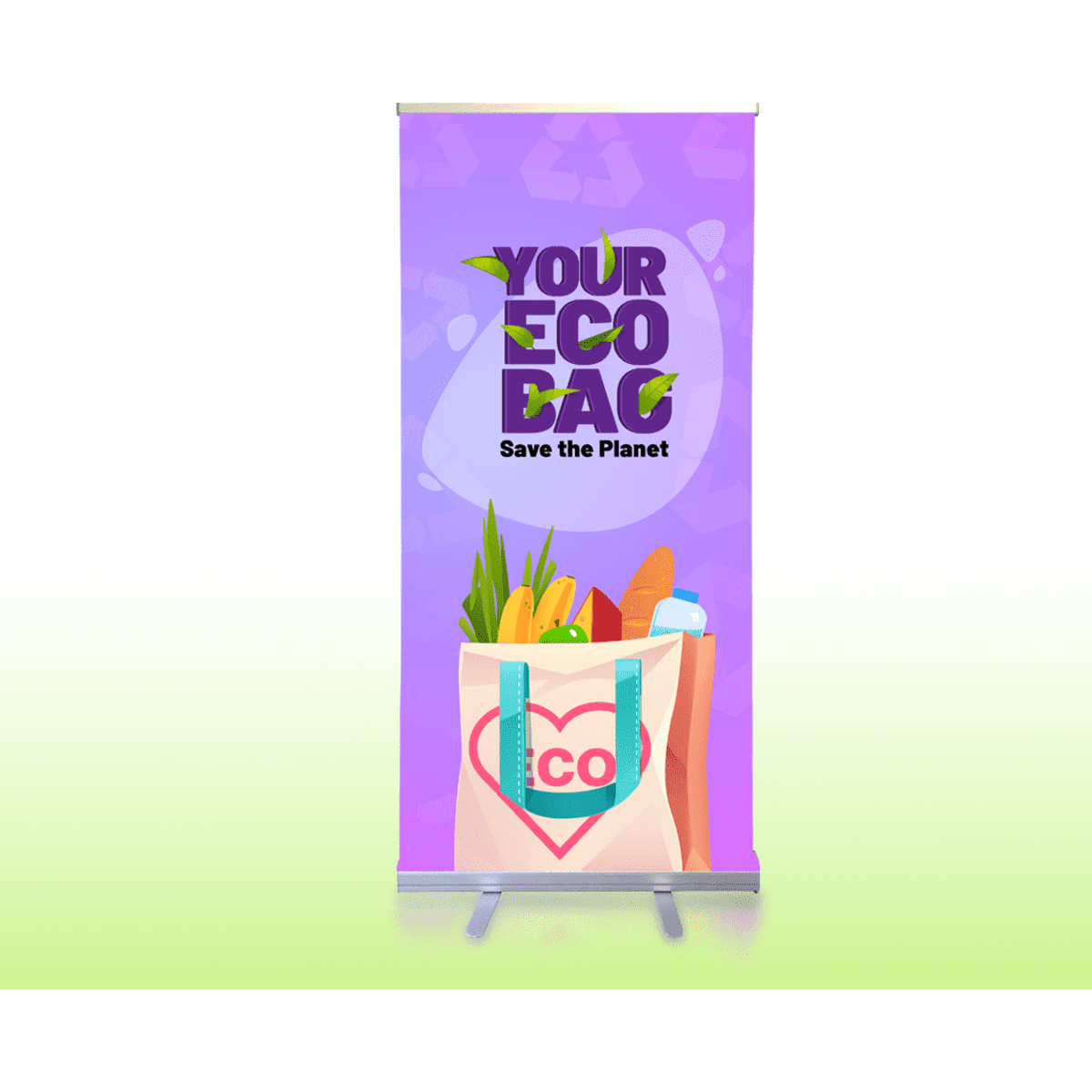 A pull-up banner featuring a colourful graphic of a reusable eco bag with fruits and vegetables, against a light purple background.