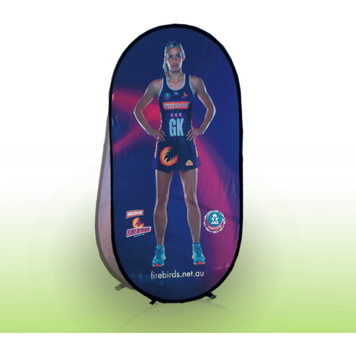 A large vertical A-frame pop-up banner featuring a female athlete in a black and red uniform, with a logo.