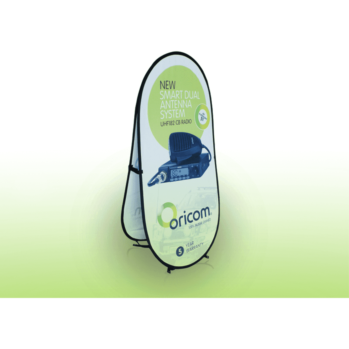 A medium vertical A-frame banner with a black frame and a vibrant green design, featuring a radio product display.