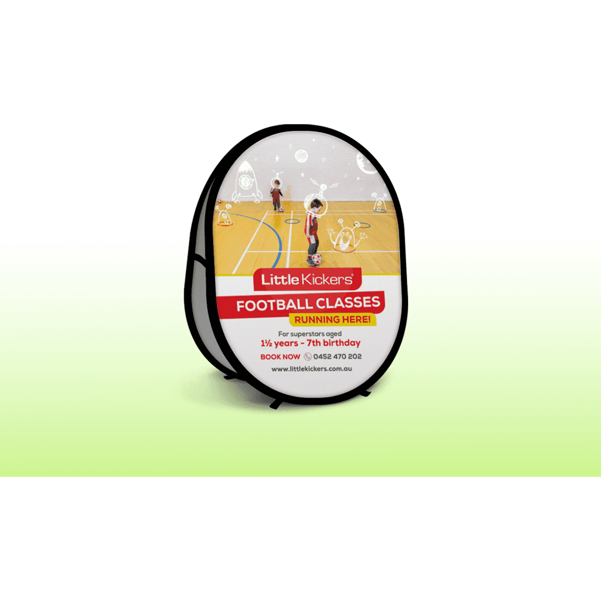 A small vertical A-frame banner featuring illustrations and a logo, predominantly in black, white, and red.