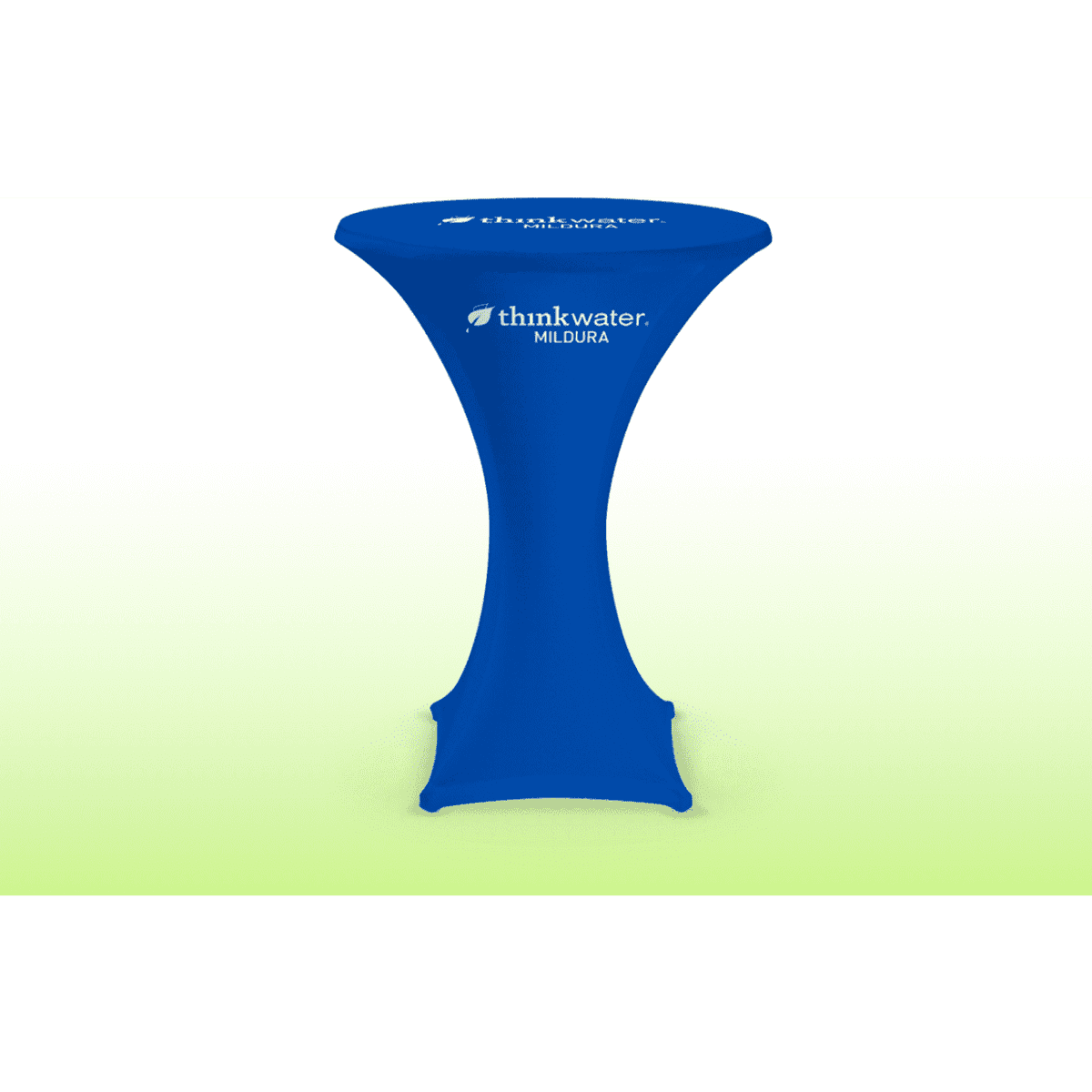 A fitted tablecloth in blue with a logo, designed for high bar tables.